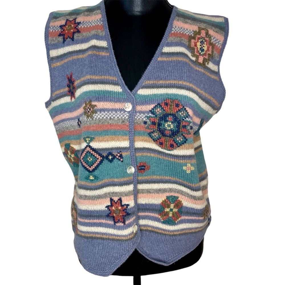 Woolrich Sweater Vest Vintage Stripe Western Aztec Granny Wool Green Size Medium
